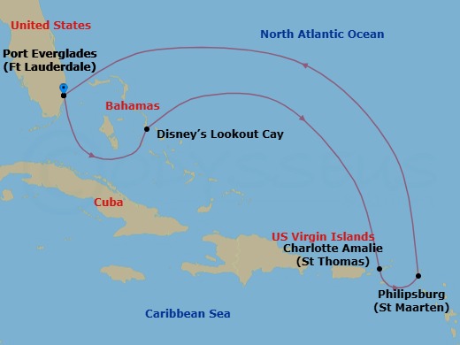 7 Night - Eastern Caribbean Cruise from Fort Lauderdale - Disney Fantasy - Starting in Port Everglades, Disney Lookout Cay, St Thomas, US Virgin Islands, Philipsburg, St Maarten, Port Everglades itinerary map