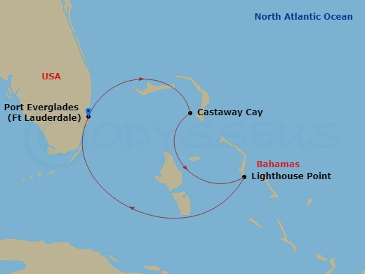 4 Night - Bahamian Cruise from Fort Lauderdale - Disney Fantasy - Starting in Port Everglades, Castaway Cay, Disney Lookout Cay, Port Everglades itinerary map