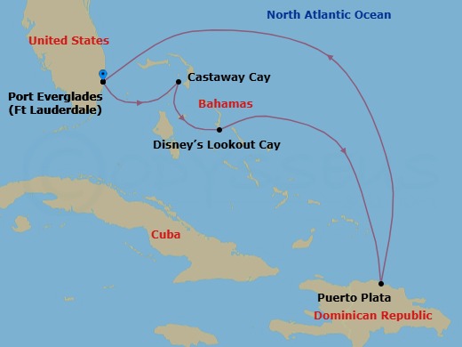 6 Night - Eastern Caribbean Cruise from Fort Lauderdale - Disney Fantasy - Starting in Port Everglades, Castaway Cay, Disney Lookout Cay, Puerto Plata, Dominican Republic, Port Everglades itinerary map