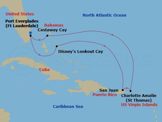 7 Night - Eastern Caribbean Cruise from Fort Lauderdale - Disney Fantasy - Starting in Port Everglades, Disney Lookout Cay, San Juan, St Thomas, US Virgin Islands, Castaway Cay, Port Everglades itinerary map