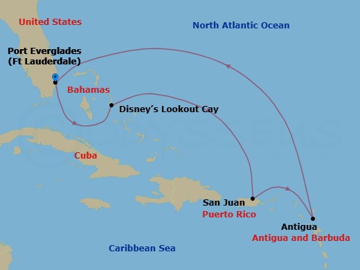 7 Night - Eastern Caribbean Cruise from Fort Lauderdale - Disney Fantasy - Starting in Port Everglades, Disney Lookout Cay, San Juan, Antigua, Port Everglades itinerary map