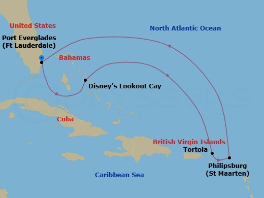7 Night - Very Merrytime Eastern Caribbean Cruise from Fort Lauderdale - Disney Fantasy - Starting in Port Everglades, Disney Lookout Cay, Tortola, Philipsburg, St Maarten, Port Everglades itinerary map