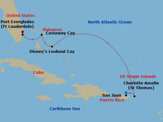 5 Night - Very Merrytime Eastern Caribbean Cruise from San Juan Ending in Fort Lauderdale - Disney Fantasy - Starting in San Juan, St Thomas, US Virgin Islands, Disney Lookout Cay, Castaway Cay, Port Everglades itinerary map