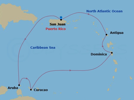 7 Night - Very Merrytime Southern Caribbean Cruise from San Juan - Disney Fantasy - Starting in San Juan, Aruba, Curacao, Dominica, Antigua, San Juan itinerary map