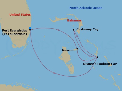 6 Night - Bahamian Cruise from Fort Lauderdale - Disney Fantasy - Starting in Port Everglades, Disney Lookout Cay, Castaway Cay, Disney Lookout Cay, Nassau, Port Everglades itinerary map