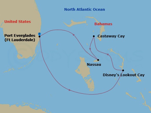 5 Night - Very Merrytime Bahamian Cruise from Fort Lauderdale - Disney Dream - Starting in Port Everglades, Disney Lookout Cay, Castaway Cay, Nassau, Port Everglades itinerary map