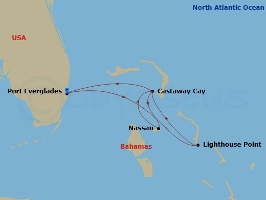 6 Night - Very Merrytime Bahamian Cruise from Fort Lauderdale with 2 Stops at Castaway Cay - Disney Dream - Starting in Port Everglades, Disney Lookout Cay, Castaway Cay, Nassau, Castaway Cay, Port Everglades itinerary map