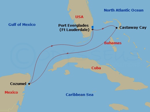 5 Night - Western Caribbean Cruise from Fort Lauderdale - Disney Dream - Starting in Port Everglades, Castaway Cay, Cozumel, Mexico, Port Everglades itinerary map