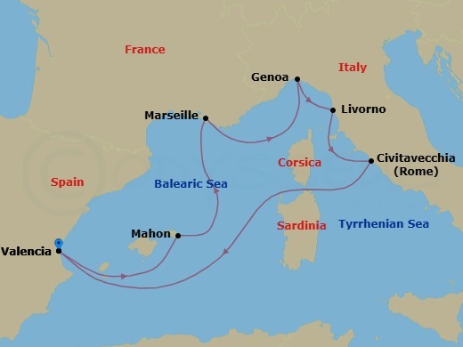 7 Night - Mediterranean - MSC Sinfonia - Starting in Valencia, Spain, Mahon, Spain, Marseille (Provence), France, Genoa (Portofino), Italy, Livorno (Florence), Italy, Civitavecchia (Rome), Italy, Valencia, Spain itinerary map