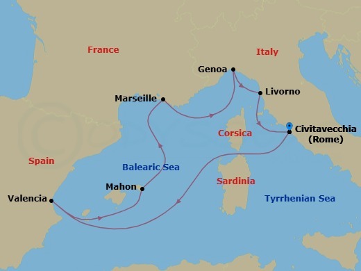 7 Night - Mediterranean - MSC Sinfonia - Starting in Civitavecchia (Rome), Italy, Valencia, Spain, Mahon, Spain, Marseille (Provence), France, Genoa (Portofino), Italy, Livorno (Florence), Italy, Civitavecchia (Rome), Italy itinerary map