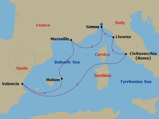 7 Night - Mediterranean - MSC Sinfonia - Starting in Genoa (Portofino), Italy, Livorno (Florence), Italy, Civitavecchia (Rome), Italy, Valencia, Spain, Mahon, Spain, Marseille (Provence), France, Genoa (Portofino), Italy itinerary map