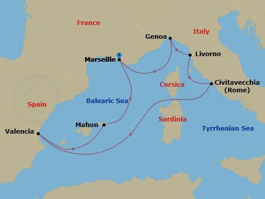 7 Night - Mediterranean - MSC Sinfonia - Starting in Marseille (Provence), France, Genoa (Portofino), Italy, Livorno (Florence), Italy, Civitavecchia (Rome), Italy, Valencia, Spain, Mahon, Spain, Marseille (Provence), France itinerary map