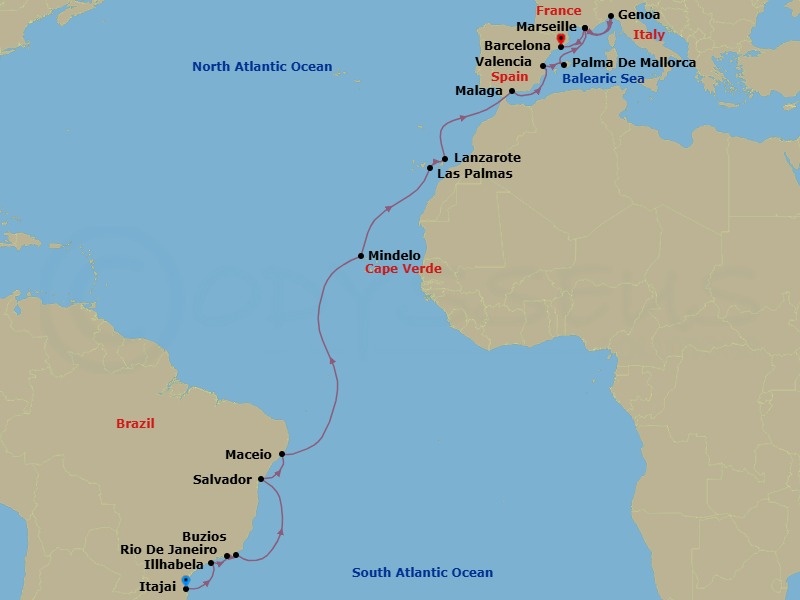 24 Night - Msc Grand Voyages - MSC Musica - Starting in Itajai, Brazil, Ilhabela, Brazil, Rio De Janeiro, Brazil, Buzios, Brazil, Salvador, Brazil, Maceio, Brazil, Mindelo, Cape Verde, Las Palmas de Gran Canaria (Canary Islands), Spain, Arrecife De Lanzarote (Canary Islands), Spain, Malaga (Granada), Spain, Valencia, Spain, Palma De Mallorca (Baleari Is), Spain, Marseille (Provence), France, Genoa (Portofino), Italy, Marseille (Provence), France, Barcelona, Spain itinerary map