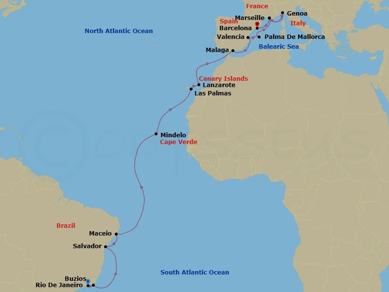 22 Night - Msc Grand Voyages - MSC Musica - Starting in Rio De Janeiro, Brazil, Buzios, Brazil, Salvador, Brazil, Maceio, Brazil, Mindelo, Cape Verde, Las Palmas de Gran Canaria (Canary Islands), Spain, Arrecife De Lanzarote (Canary Islands), Spain, Malaga (Granada), Spain, Valencia, Spain, Palma De Mallorca (Baleari Is), Spain, Marseille (Provence), France, Genoa (Portofino), Italy, Marseille (Provence), France, Barcelona, Spain itinerary map