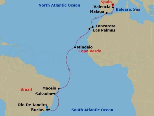 17 Night - Msc Grand Voyages - MSC Musica - Starting in Rio De Janeiro, Brazil, Buzios, Brazil, Salvador, Brazil, Maceio, Brazil, Mindelo, Cape Verde, Las Palmas de Gran Canaria (Canary Islands), Spain, Arrecife De Lanzarote (Canary Islands), Spain, Malaga (Granada), Spain, Valencia, Spain itinerary map