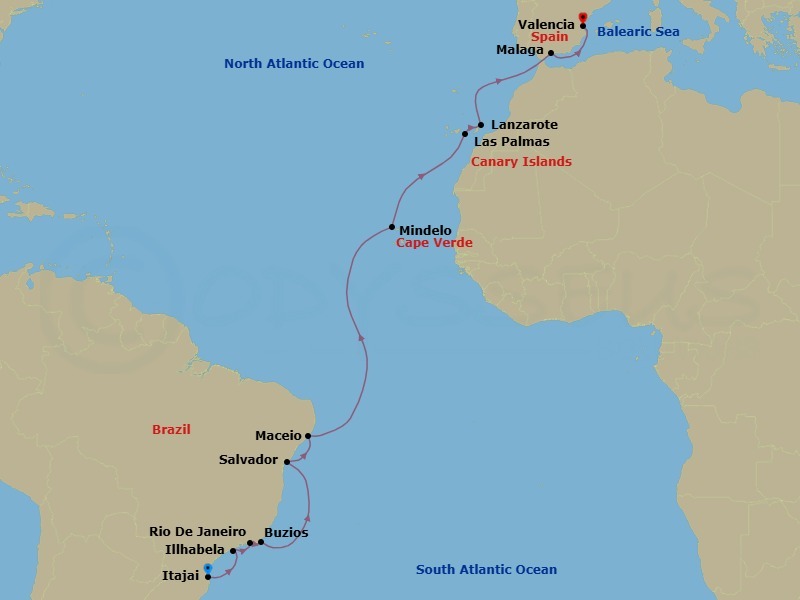 19 Night - Msc Grand Voyages - MSC Musica - Starting in Itajai, Brazil, Ilhabela, Brazil, Rio De Janeiro, Brazil, Buzios, Brazil, Salvador, Brazil, Maceio, Brazil, Mindelo, Cape Verde, Las Palmas de Gran Canaria (Canary Islands), Spain, Arrecife De Lanzarote (Canary Islands), Spain, Malaga (Granada), Spain, Valencia, Spain itinerary map