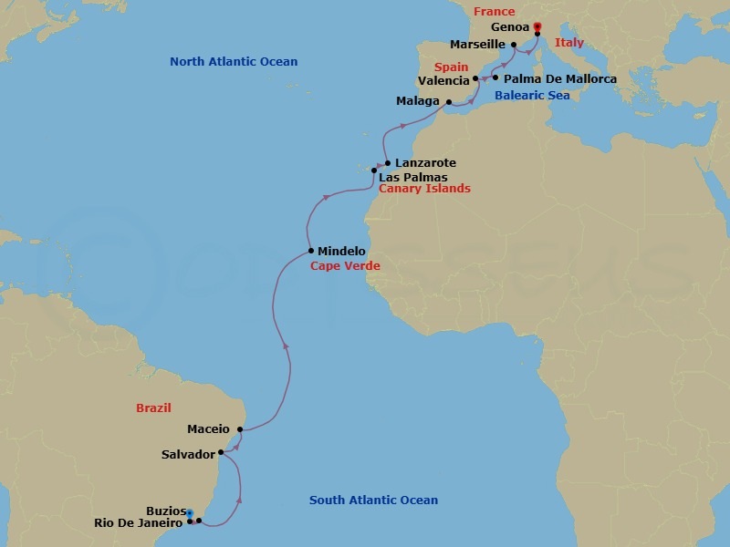 20 Night - Msc Grand Voyages - MSC Musica - Starting in Rio De Janeiro, Brazil, Buzios, Brazil, Salvador, Brazil, Maceio, Brazil, Mindelo, Cape Verde, Las Palmas de Gran Canaria (Canary Islands), Spain, Arrecife De Lanzarote (Canary Islands), Spain, Malaga (Granada), Spain, Valencia, Spain, Palma De Mallorca (Baleari Is), Spain, Marseille (Provence), France, Genoa (Portofino), Italy itinerary map