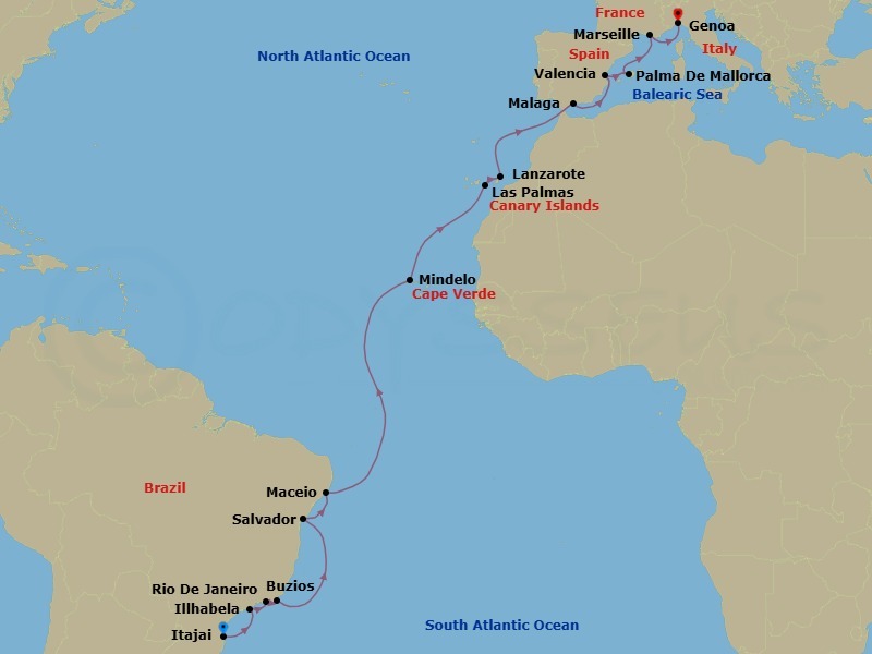 22 Night - Msc Grand Voyages - MSC Musica - Starting in Itajai, Brazil, Ilhabela, Brazil, Rio De Janeiro, Brazil, Buzios, Brazil, Salvador, Brazil, Maceio, Brazil, Mindelo, Cape Verde, Las Palmas de Gran Canaria (Canary Islands), Spain, Arrecife De Lanzarote (Canary Islands), Spain, Malaga (Granada), Spain, Valencia, Spain, Palma De Mallorca (Baleari Is), Spain, Marseille (Provence), France, Genoa (Portofino), Italy itinerary map