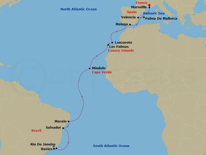 19 Night - Msc Grand Voyages - MSC Musica - Starting in Rio De Janeiro, Brazil, Buzios, Brazil, Salvador, Brazil, Maceio, Brazil, Mindelo, Cape Verde, Las Palmas de Gran Canaria (Canary Islands), Spain, Arrecife De Lanzarote (Canary Islands), Spain, Malaga (Granada), Spain, Valencia, Spain, Palma De Mallorca (Baleari Is), Spain, Marseille (Provence), France itinerary map