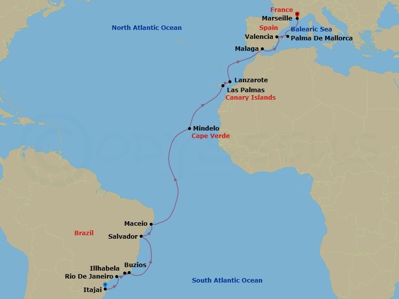 21 Night - Msc Grand Voyages - MSC Musica - Starting in Itajai, Brazil, Ilhabela, Brazil, Rio De Janeiro, Brazil, Buzios, Brazil, Salvador, Brazil, Maceio, Brazil, Mindelo, Cape Verde, Las Palmas de Gran Canaria (Canary Islands), Spain, Arrecife De Lanzarote (Canary Islands), Spain, Malaga (Granada), Spain, Valencia, Spain, Palma De Mallorca (Baleari Is), Spain, Marseille (Provence), France itinerary map