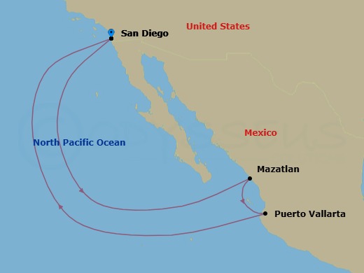 7 Night - Mexican Riviera Cruise from San Diego - Disney Wonder - Starting in San Diego, Mazatlan, Puerto Vallarta, San Diego itinerary map