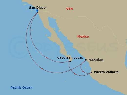 7 Night - Very Merrytime Mexican Riviera Cruise from San Diego - Disney Wonder - Starting in San Diego, Cabo San Lucas, Puerto Vallarta, Mazatlan, San Diego itinerary map