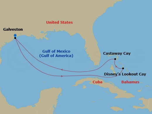 7 Night - Bahamian Cruise from Galveston - Disney Magic - Starting in Galveston, Disney Lookout Cay, Castaway Cay, Galveston itinerary map
