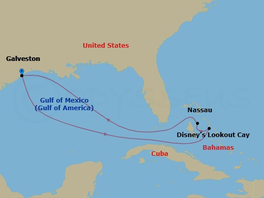 7 Night - Very Merrytime Bahamian Cruise from Galveston - Disney Magic - Starting in Galveston, Disney Lookout Cay, Nassau, Galveston itinerary map