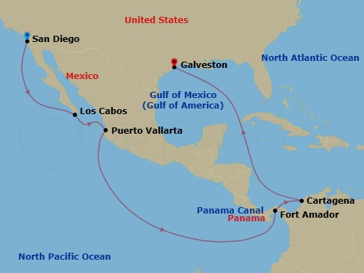 14 Night - Eastbound Panama Canal Cruise from San Diego Ending in Galveston - Disney Magic - Starting in San Diego, Cabo San Lucas, Puerto Vallarta, Fuerte Amador, Panama Canal, Cartagena ES, Galveston itinerary map