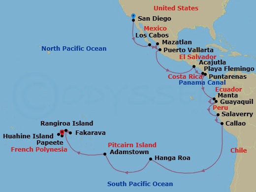 31 Night - Transoceanic - Crystal Serenity - Starting in San Diego, Cabo San Lucas (Baja California Sur), Mazatlan, Puerto Vallarta, Acajutla, Playa Flamingo, Puntarenas, Manta, Guayaquil, Salaverry, Lima (Callao), Hanga Roa, Adamstown (Sightseeing Only), Rangiroa, Fakarava, Huahine, Papeete (Tahiti) itinerary map