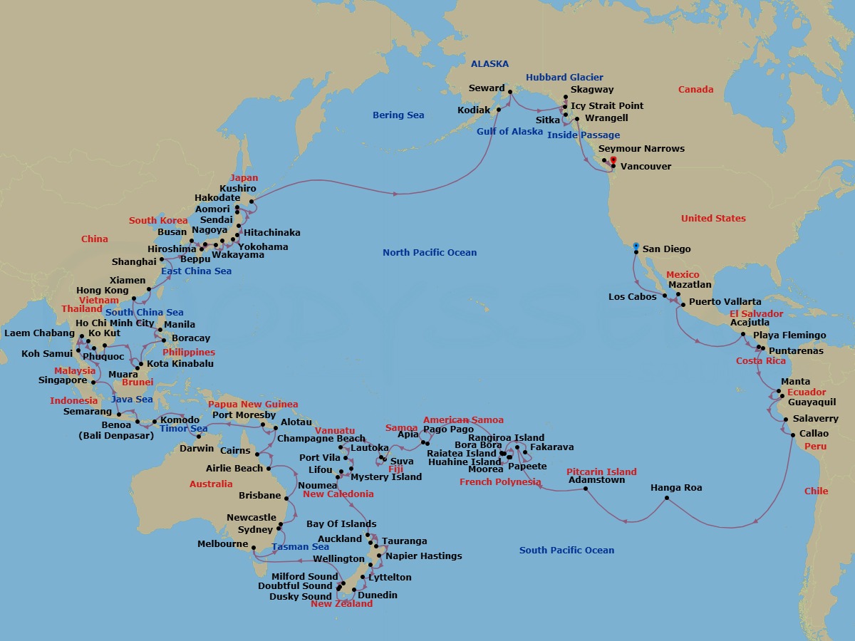 139 Night - World Cruise - Crystal Serenity - Starting in San Diego, Cabo San Lucas (Baja California Sur), Mazatlan, Puerto Vallarta, Acajutla, Playa Flamingo, Puntarenas, Manta, Guayaquil, Salaverry, Lima (Callao), Hanga Roa, Adamstown (Sightseeing Only), Rangiroa, Fakarava, Huahine, Papeete (Tahiti), Moorea Island, Raiatea, Bora Bora (Society Islands), Pago Pago, Date Line lose a day, Apia, Suva, Lautoka, Champagne Beach, Port Vila, Mystery Island, Anelghowhat, Lifou, Noumea, Bay of Islands, Auckland, Tauranga, Napier, Wellington, Lyttelton (Christchurch), Port Chalmers (Dunedin), Cruising Dusky Sound, Cruising Doubtful Sound, Cruising Milford Sound, Melbourne, Sydney AU, Newcastle AU, Brisbane, Airlie Beach, Cairns, Alotau, Port Moresby, Darwin, Komodo Island, Bali, Semarang (Gateway for Borobudur), Singapore, Koh Samui, Laem Chabang, Ko Kut, Phu Quoc, Ho Chi Minh City, Muara, Kota Kinabalu, Boracay, Manila, Hong Kong, Xiamen, Shanghai, Busan, Hiroshima, Beppu (Kyushu Island), Wakayama, Nagoya, Yokohama (Tokyo), Hitachinaka, Sendai, Hakodate (Hokkaido), Aomori, Kushiro, Date Line gain a day, Kodiak Island, Alaska, Seward, Cruise Hubbard Glacier, Alaska, Skagway, Alaska, Icy Strait Point, Alaska, Sitka, Alaska, Wrangell, Seymour Narrows, British Columbia, Vancouver itinerary map