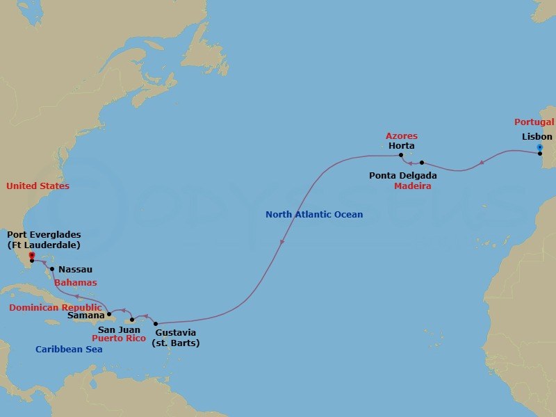 14 Night - Transoceanic - Crystal Symphony - Starting in Lisbon, Ponta Delgada (Sao Miguel Island), Horta, Gustavia, St Barthelemy, San Juan, Samana, Nassau (Paradise Island), Fort Lauderdale itinerary map