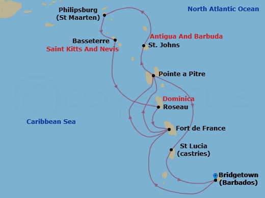 11 Night - Msc Grand Voyages - MSC World Asia - Starting in Bridgetown, Barbados, Fort-de-France, Martinique, Pointe-A-Pitre, Guadeloupe, St Johns AG, Antigua, Philipsburg, St Maarten, Basseterre, St Kitts and Nevis, Roseau, Dominica, Fort-de-France, Martinique, Pointe-A-Pitre, Guadeloupe, Castries, Saint Lucia, Bridgetown, Barbados itinerary map