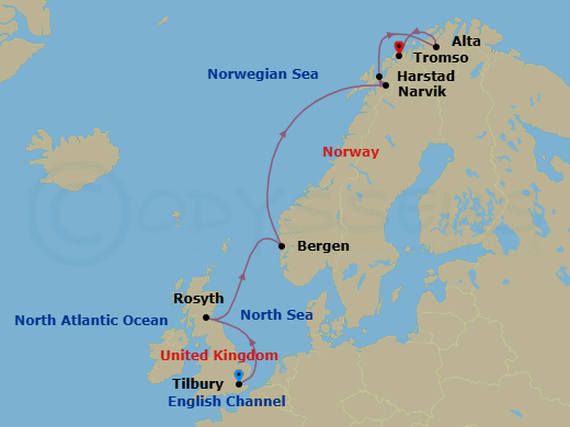 12 Night - In Search of Northern Lights - Viking Libra - Starting in London (Tilbury), Sail the North Sea, Rosyth (Edinburgh), Sail the North Sea, Bergen, Scenic Sailing Norwegian Inside Passage, Narvik, Harstad, Alta, Tromso itinerary map