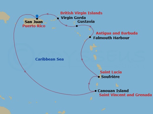 7 Night - San Juan / San Juan - Ilma - Starting in San Juan, Canouan, Soufriere, Falmouth Harbour, Antigua, Gustavia, Virgin Gorda, San Juan itinerary map