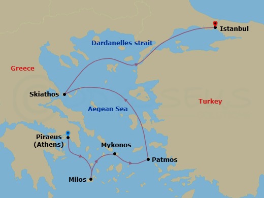 7 Night - Athens (Piraeus) / Istanbul - Ilma - Starting in Athens (Piraeus), Milos, Mykonos, Patmos, Skiathos, Istanbul itinerary map