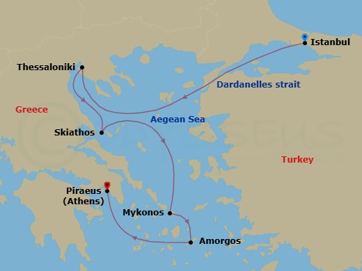 7 Night - Istanbul / Athens (Piraeus) - Ilma - Starting in Istanbul, Thessaloniki, Skiathos, Mykonos, Amorgos, Athens (Piraeus) itinerary map