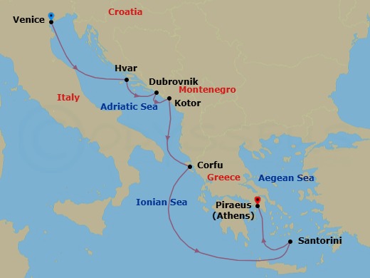 7 Night - Venice / Athens (Piraeus) - Ilma - Starting in Venice, Hvar, Dubrovnik, Croatia, Kotor, Corfu, Santorini, Athens (Piraeus) itinerary map