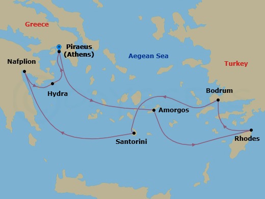 7 Night - Athens (Piraeus) / Athens (Piraeus) - Ilma - Starting in Athens (Piraeus), Amorgos, Rhodes, Bodrum, Santorini, Nafplio, Hydra, Athens (Piraeus) itinerary map