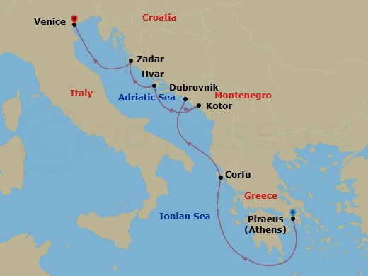 7 Night - Athens (Piraeus) / Venice - Ilma - Starting in Athens (Piraeus), Corfu, Dubrovnik, Croatia, Kotor, Hvar, Zadar, Venice itinerary map