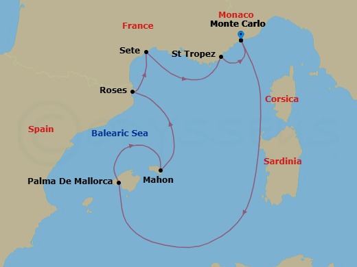 8 Night - Monte Carlo / Monte Carlo - Ilma - Starting in Monte Carlo, Palma de Mallorca, Mallorca, Balearic Islands, Mahon, Menorca, Balearic Islands, Roses, Sete, Saint-Tropez, Monte Carlo itinerary map