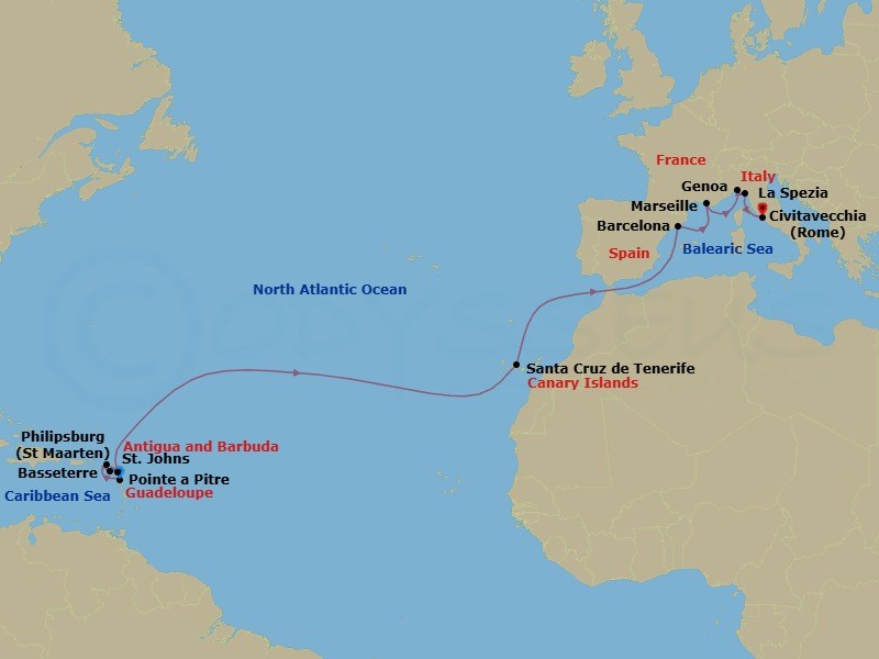 17 Night - East Caribbean - MSC World Europa - Starting in Pointe-A-Pitre, Guadeloupe, Philipsburg, St Maarten, Basseterre, St Kitts and Nevis, St Johns AG, Antigua, Santa Cruz de Tenerife, Barcelona, Spain, Marseille (Provence), France, Genoa (Portofino), Italy, La Spezia (Cinque Terre), Italy, Civitavecchia (Rome), Italy itinerary map
