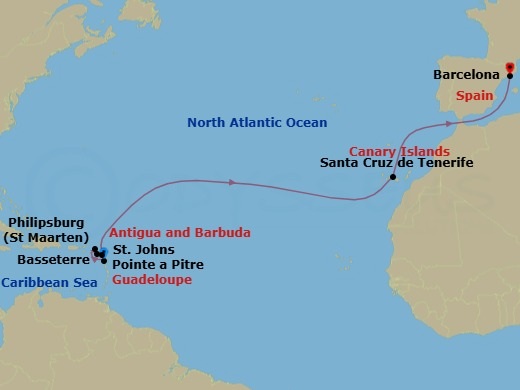 13 Night - East Caribbean - MSC World Europa - Starting in Pointe-A-Pitre, Guadeloupe, Philipsburg, St Maarten, Basseterre, St Kitts and Nevis, St Johns AG, Antigua, Santa Cruz de Tenerife, Barcelona, Spain itinerary map