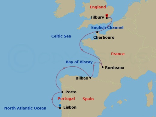 8 Night - Lisbon / London (Tilbury) - Evrima - Starting in Lisbon, Porto, Bilbao, Bordeaux, Cherbourg, London (Tilbury) itinerary map