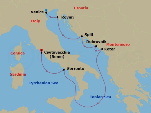 7 Night - Venice / Rome (Civitavecchia) - Evrima - Starting in Venice, Rovinj, Split, Dubrovnik, Croatia, Kotor, Sorrento, Rome (Civitavecchia) itinerary map
