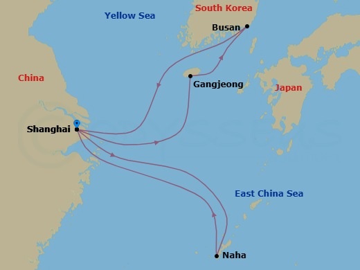 8 Night - Far East - MSC Bellissima - Starting in Shanghai, China, Gangjeong / Jeju Island, South Korea, Busan, South Korea, Shanghai, China, Naha (Okinawa), Japan, Shanghai, China itinerary map