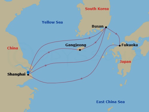 9 Night - Far East - MSC Bellissima - Starting in Shanghai, China, Gangjeong / Jeju Island, South Korea, Busan, South Korea, Shanghai, China, Busan, South Korea, Fukuoka (Hakata), Japan, Shanghai, China itinerary map