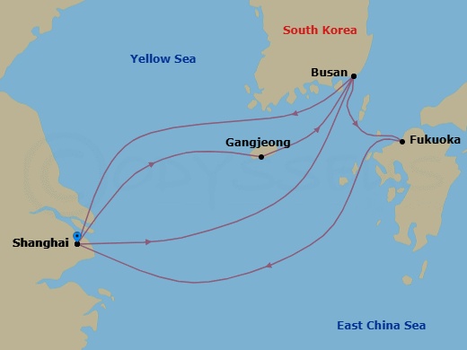 9 Night - Far East - MSC Bellissima - Starting in Shanghai, China, Busan, South Korea, Fukuoka (Hakata), Japan, Shanghai, China, Gangjeong / Jeju Island, South Korea, Busan, South Korea, Shanghai, China itinerary map