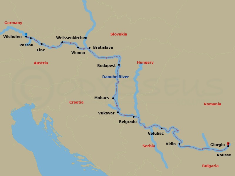14 Night - Grand Danube Cruise - AmaVerde - Starting in Vilshofen, Passau, Linz, Weissenkirchen, Vienna, Bratislava, Budapest, Mohacs, Vukovar, Belgrade, Golubac, Vidin, Rousse, Giurgiu itinerary map