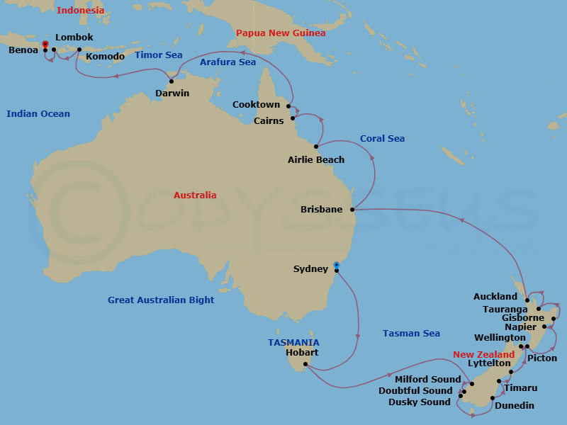 30 Night - Austral Arc - Seven Seas Mariner - Starting in Sydney AU, Cruising the Tasman Sea, Hobart (Tasmania), Cruising the Tasman Sea, Cruising the Milford Sound, Cruising the Doubtful Sound, Cruising the Dusky Sound, Dunedin, Timaru, Christchurch (Lyttelton), Picton, Wellington, Napier, Gisborne, Rotorua (Tauranga), Auckland, Cruising the Tasman Sea, Cruising the Coral Sea, Brisbane, Cruising the Coral Sea, Airlie Beach, Cairns, Cooktown, Cruising the Coral Sea, Cruising the Timor Sea, Darwin, Cruising the Timor Sea, Komodo, Lombok (Lembar), Bali (Benoa) itinerary map